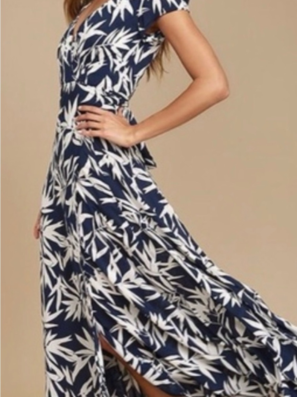 Amuse Society Navy and White Leaf-Print Wrap Maxi Dress
